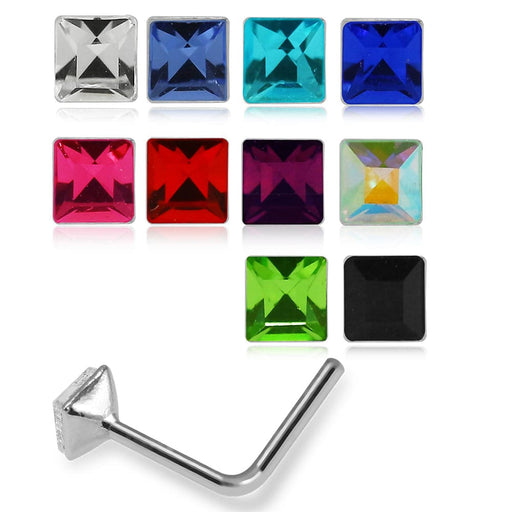 925 Sterling Silver 10pcs Square CZ Jewelled L-Bend Nose Stud Box - Monster Piercing