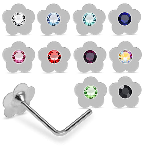 925 Sterling Silver 10pcs Jewelled Flower L-Bend Nose Stud Box - Monster Piercing