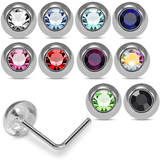 925 Sterling Silver 10pcs Jewelled Round CZ L-Bend Nose Stud Box - Monster Piercing