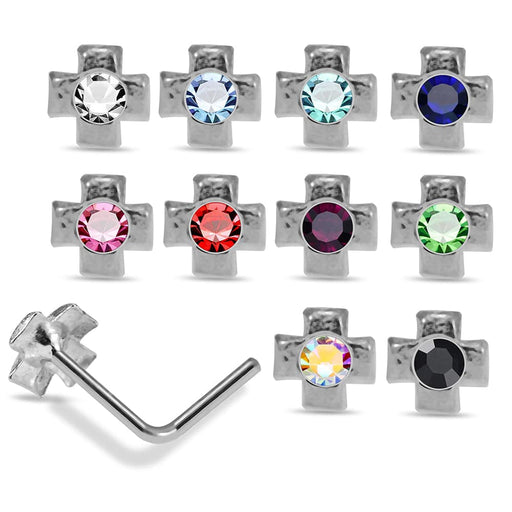 925 Sterling Silver 10pcs Jewelled Cross L-Bend Nose Stud Box - Monster Piercing