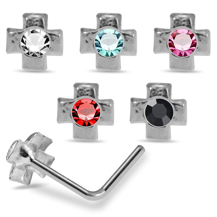 925 Sterling Silver 5pcs Jewelled Cross L-Bend Nose Stud Box - Monster Piercing