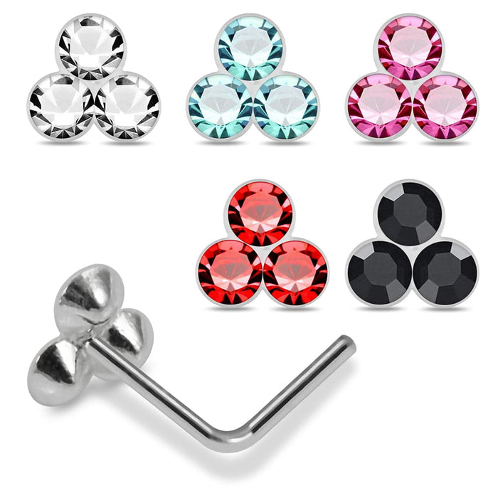 925 Sterling Silver 5pcs Triple CZ Jewelled L-Bend Nose Stud Box - Monster Piercing