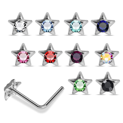 925 Sterling Silver 10pcs CZ Jewelled in Star Center L-Bend Nose Stud Box - Monster Piercing