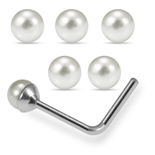 Set of 5pcs 925 Sterling Silver Pearl L-Bend Nose Stud Box - Monster Piercing