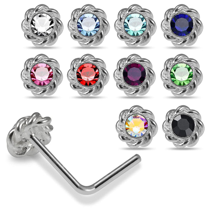 925 Sterling Silver 10pcs CZ Jewelled Flower  Design L-Bend Nose Stud Box - Monster Piercing