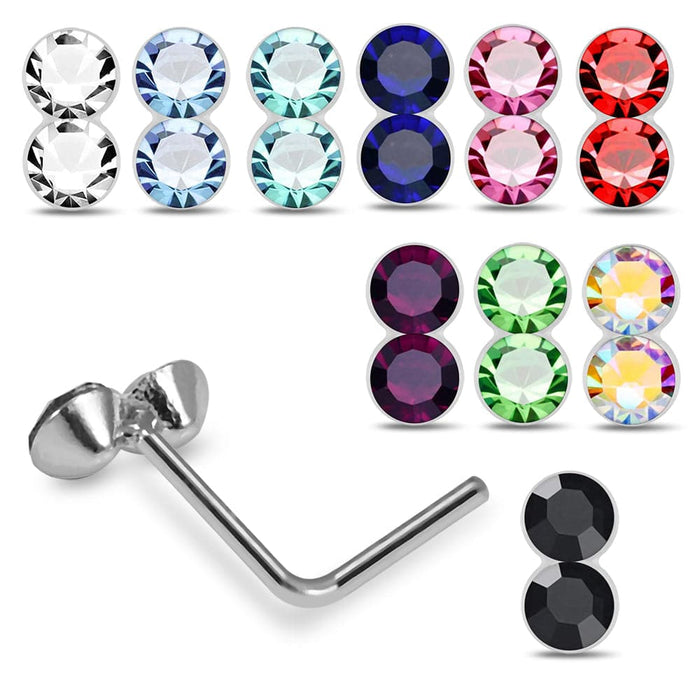 925 Sterling Silver 10pcs Double CZ Jewelled L-Bend Nose Stud Box - Monster Piercing