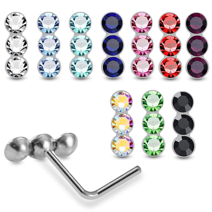 925 Sterling Silver 10pcs Triple CZ Jewelled L-Bend Nose Stud Box - Monster Piercing