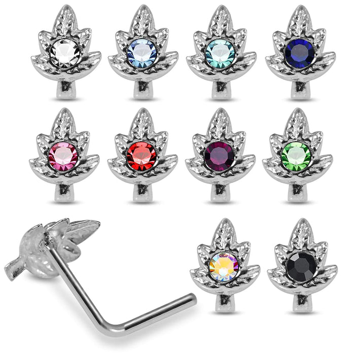 925 Sterling Silver 10pcs CZ Jewelled Marijuana Leaf L-Bend Nose Stud Box - Monster Piercing