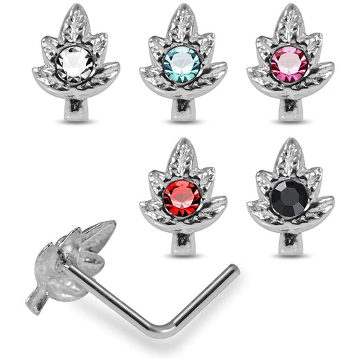 925 Sterling Silver 5pcs CZ Jewelled Marijuana Leaf L-Bend Nose Stud Box - Monster Piercing