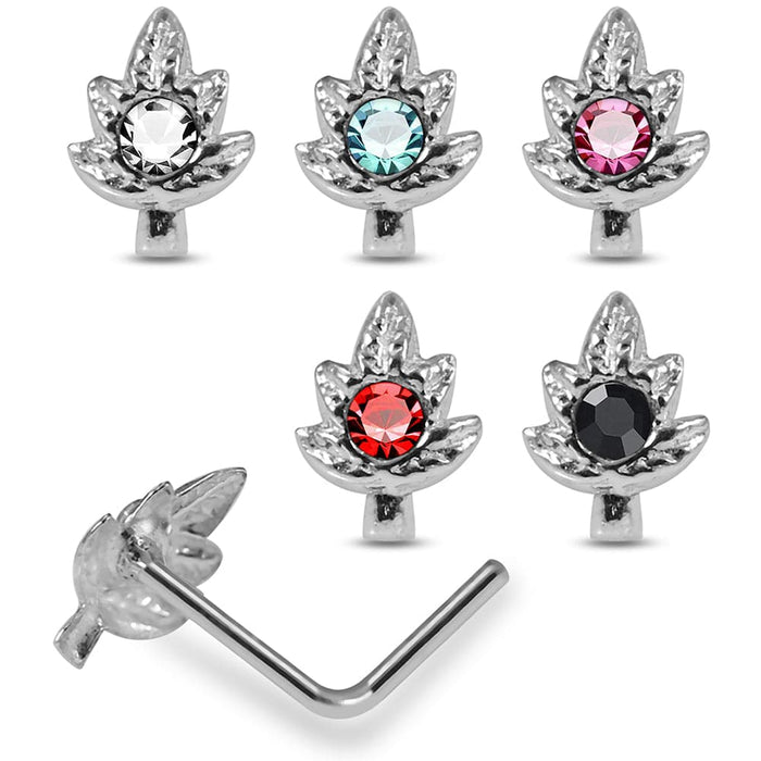 925 Sterling Silver 5pcs CZ Jewelled Marijuana Leaf L-Bend Nose Stud Box - Monster Piercing