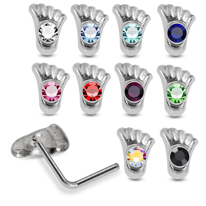 925 Sterling Silver 10pcs CZ Jewelled Foot Design L-Bend Nose Stud Box - Monster Piercing