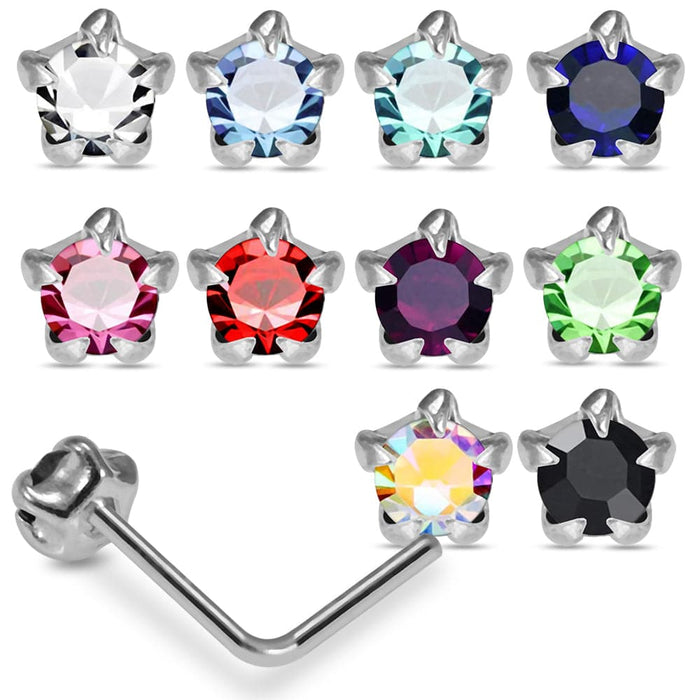 925 Sterling Silver 10pcs Round CZ Jewelled in Star Claw Setting L-Bend Nose Stud Box - Monster Piercing