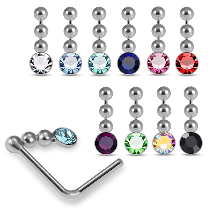 925 Sterling Silver 10pcs CZ Dangling in Chain  L-Bend Nose Stud Box - Monster Piercing