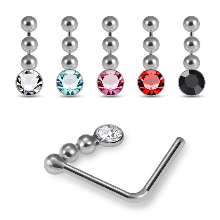 925 Sterling Silver 5pcs CZ Dangling in Chain  L-Bend Nose Stud Box - Monster Piercing