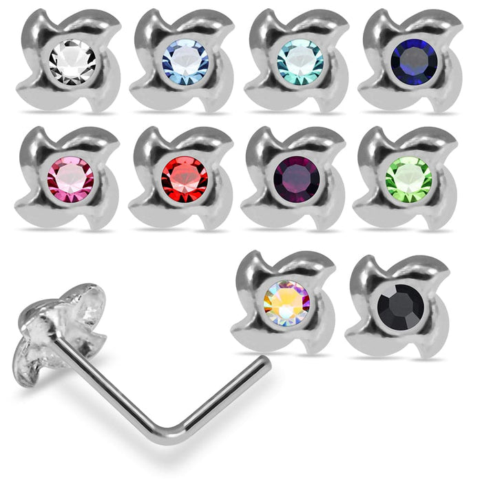 925 Sterling Silver 10pcs CZ Jewelled Swirl Design L-Bend Nose Stud Box - Monster Piercing