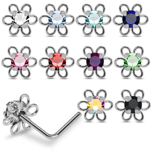 925 Sterling Silver 10pcs Round CZ Jewelled in center L-Bend Nose Stud Box - Monster Piercing