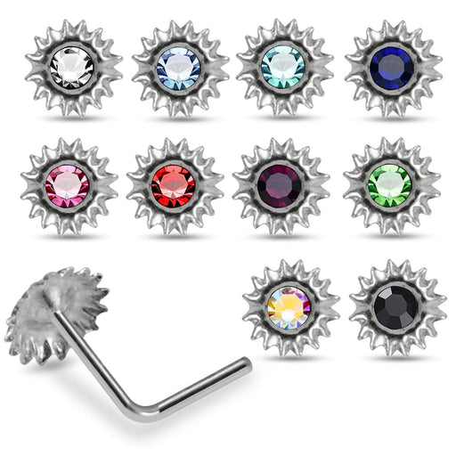 925 Sterling Silver 10pcs Jewelled Round CZ Flower Design L-Bend Nose Stud Box - Monster Piercing