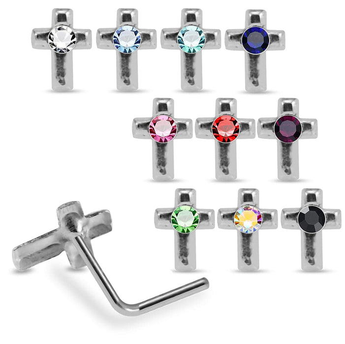 925 Sterling Silver 10pcs CZ Jewelled Cross L-Bend Nose Stud Box - Monster Piercing