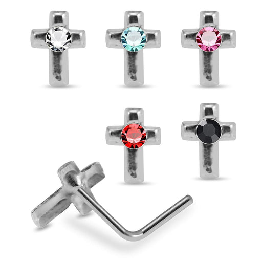 925 Sterling Silver 5pcs CZ Jewelled Cross L-Bend Nose Stud Box - Monster Piercing