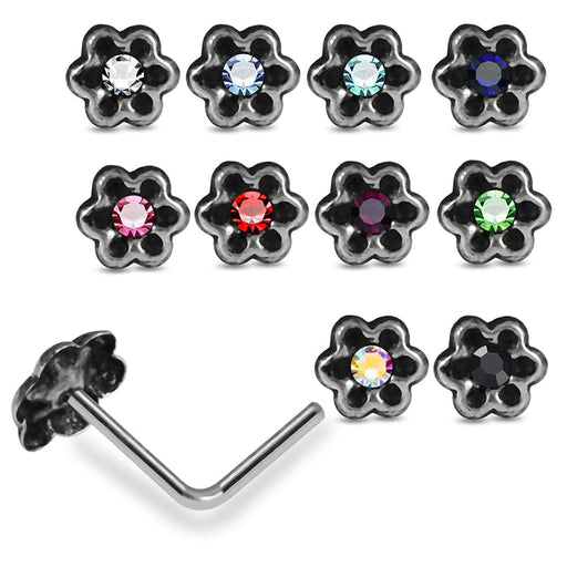 925 Sterling Silver 10pcs CZ Jewelled Oxidized Flower L-Bend Nose Stud Box - Monster Piercing