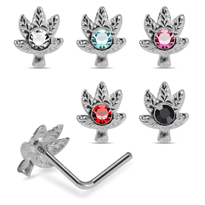 925 Sterling Silver 5pcs CZ Jewelled Marijuana L-Bend Nose Stud Box - Monster Piercing