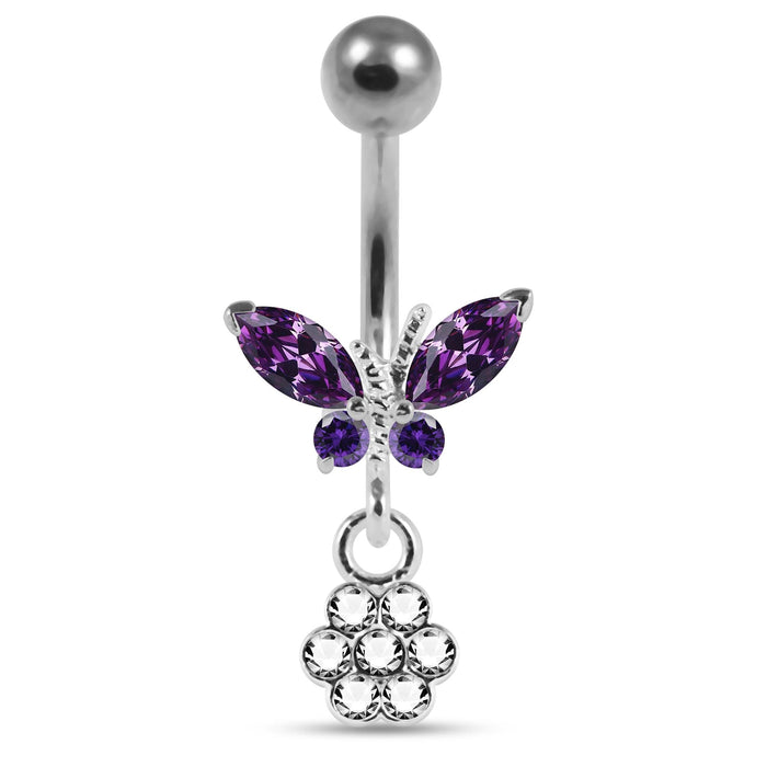 Moving Jeweled Butterfly with Flower Belly Ring - Monster Piercing