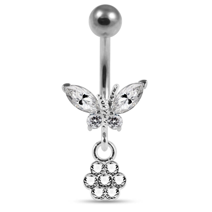 Moving Jeweled Butterfly with Flower Belly Ring - Monster Piercing