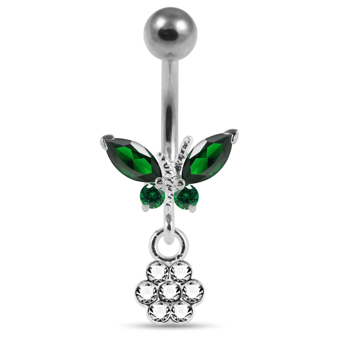 Moving Jeweled Butterfly with Flower Belly Ring - Monster Piercing