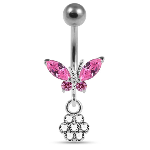 Moving Jeweled Butterfly with Flower Belly Ring - Monster Piercing