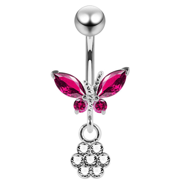 Moving Jeweled Butterfly with Flower Belly Ring - Monster Piercing