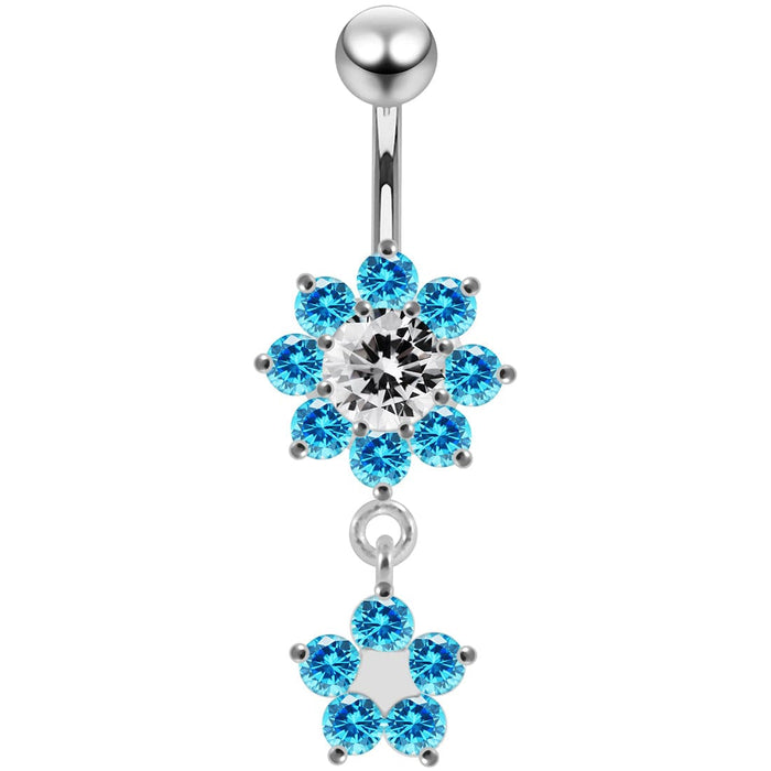 14G Moving Jeweled Flower Navel SS Banana Bar Ring - Monster Piercing