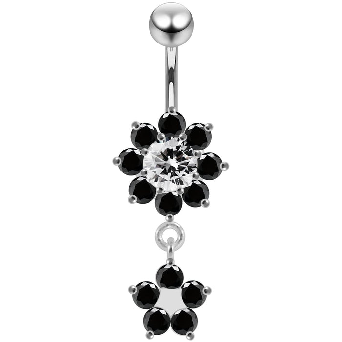 14G Moving Jeweled Flower Navel SS Banana Bar Ring - Monster Piercing