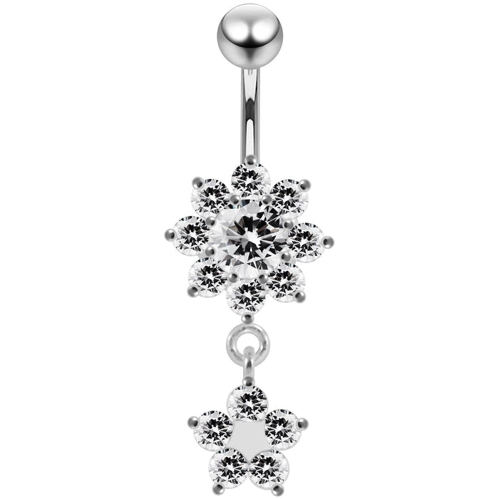 14G Moving Jeweled Flower Navel SS Banana Bar Ring - Monster Piercing