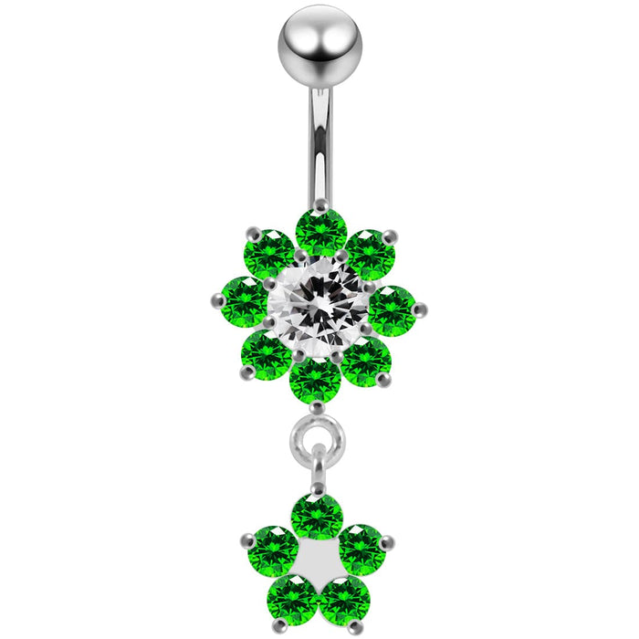 14G Moving Jeweled Flower Navel SS Banana Bar Ring - Monster Piercing