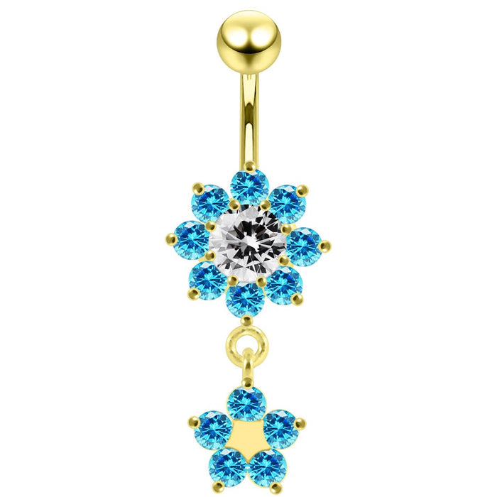 14G Moving Jeweled Flower Navel SS Banana Bar Ring - Monster Piercing