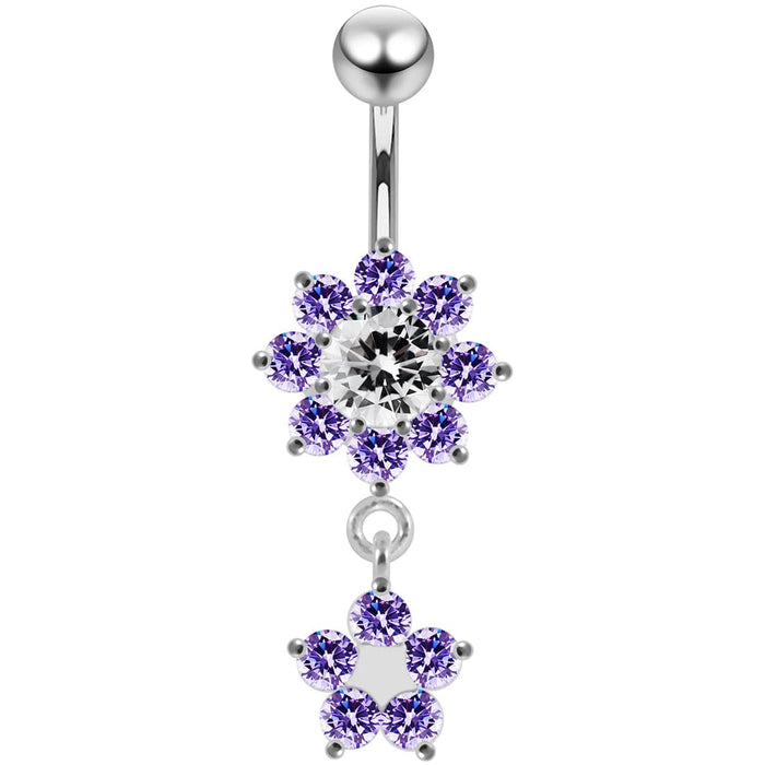 14G Moving Jeweled Flower Navel SS Banana Bar Ring - Monster Piercing