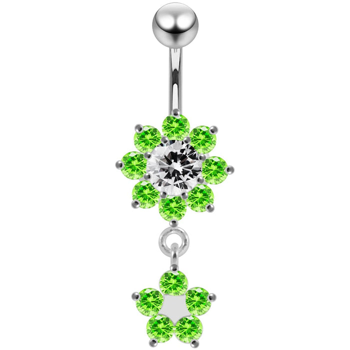 14G Moving Jeweled Flower Navel SS Banana Bar Ring - Monster Piercing