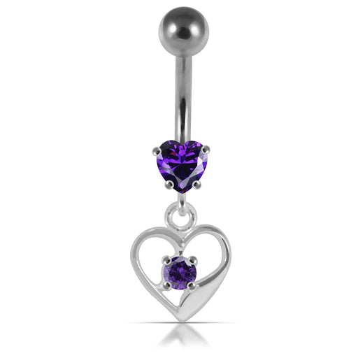 14G Silver Jeweled Heart With SS Banana Navel Bar - Monster Piercing