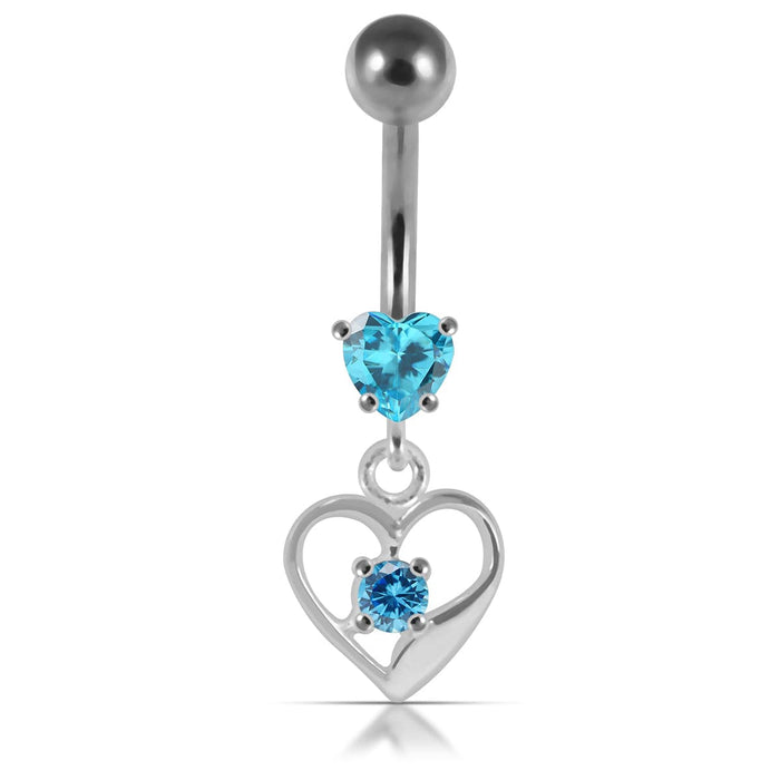 14G Silver Jeweled Heart With SS Banana Navel Bar - Monster Piercing