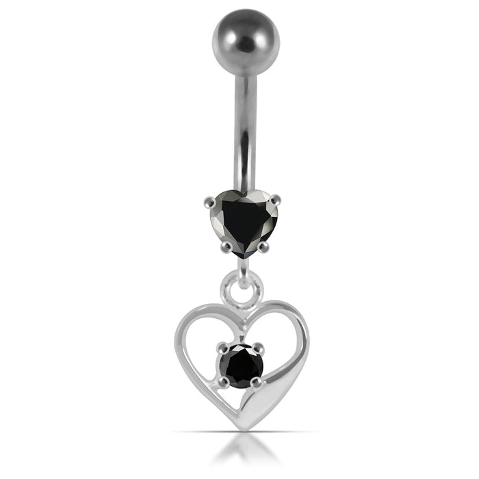 14G Silver Jeweled Heart With SS Banana Navel Bar - Monster Piercing