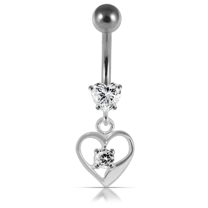 14G Silver Jeweled Heart With SS Banana Navel Bar - Monster Piercing