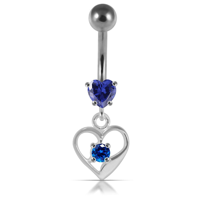 14G Silver Jeweled Heart With SS Banana Navel Bar - Monster Piercing