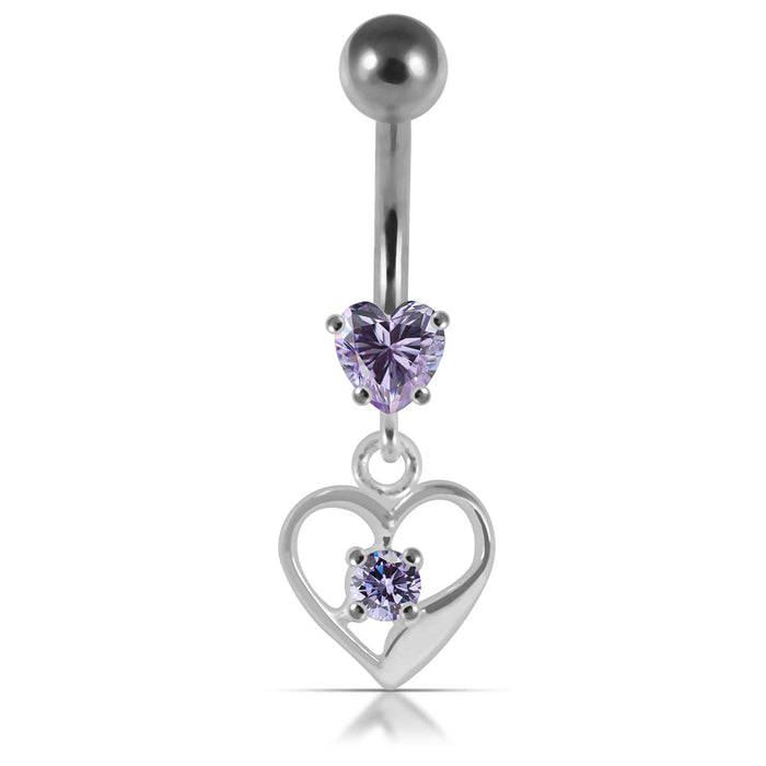 14G Silver Jeweled Heart With SS Banana Navel Bar - Monster Piercing