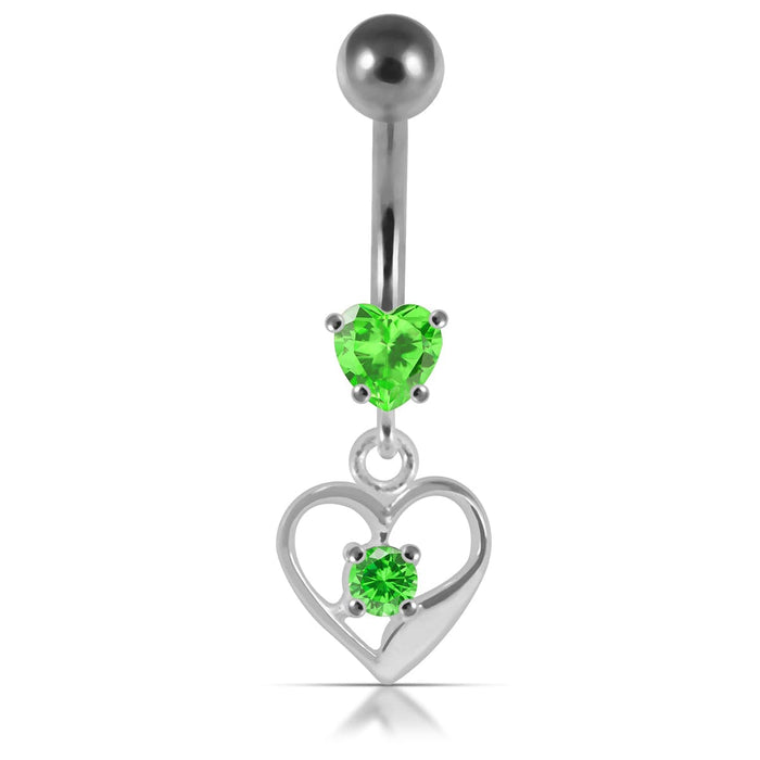 14G Silver Jeweled Heart With SS Banana Navel Bar - Monster Piercing