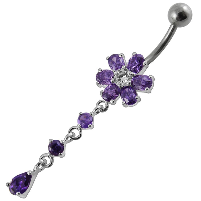 Moving Multi color Stone Flower Curved Bar Belly Ring - Monster Piercing