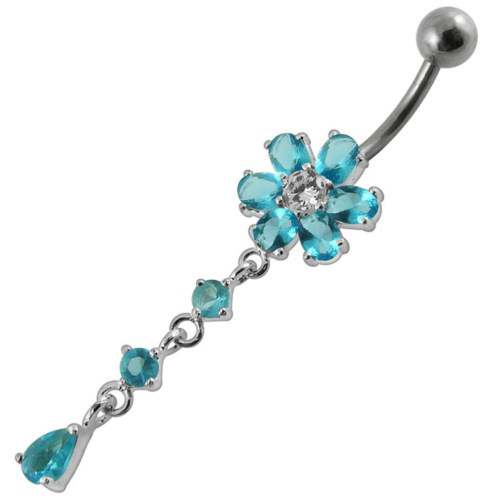 Moving Multi color Stone Flower Curved Bar Belly Ring - Monster Piercing