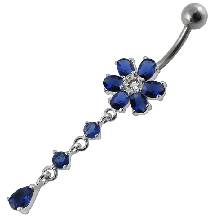 Moving Multi color Stone Flower Curved Bar Belly Ring - Monster Piercing