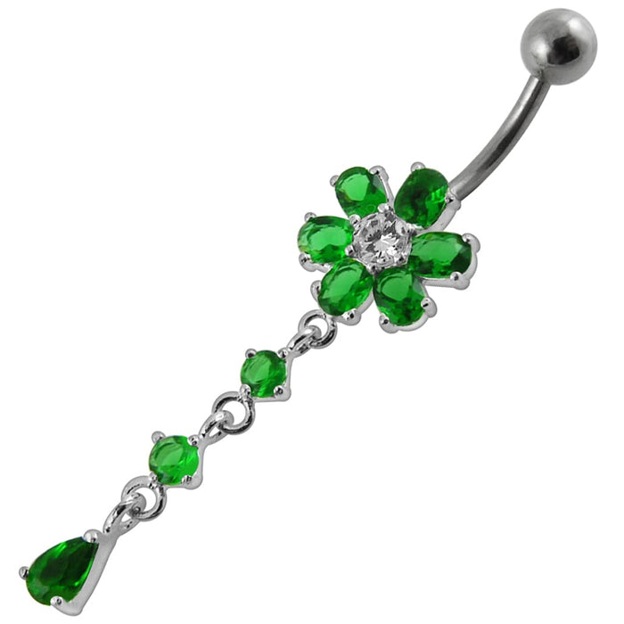 Moving Multi color Stone Flower Curved Bar Belly Ring - Monster Piercing