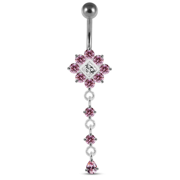 Moving Multi Jeweled Flower Navel Curved Bar Ring - Monster Piercing