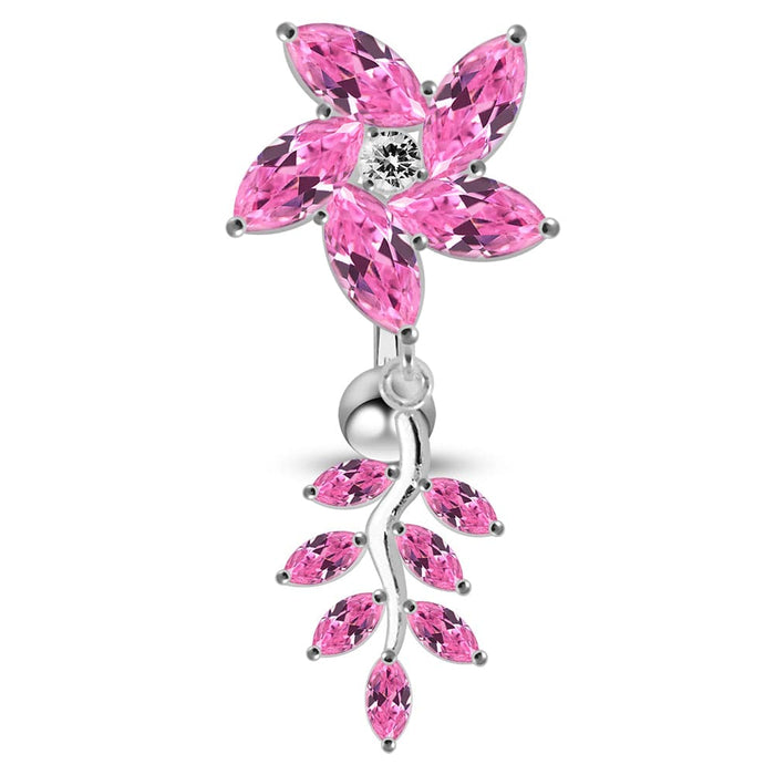 Moving Jeweled Flower Designed Belly Button Ring - Monster Piercing